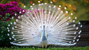 Close-up of beautiful white peacock with feathers out