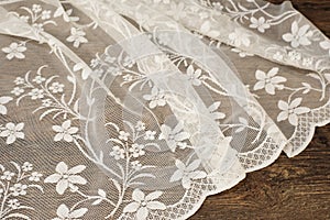 Close up of Beautiful White Tulle. Sheer Curtains Fabric Sample. Texture, Background, Pattern. Wedding Concept. Interior Design. V