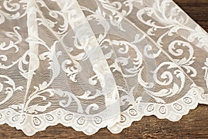 Close up of Beautiful White Tulle. Sheer Curtains Fabric Sample. Texture, Background, Pattern. Wedding Concept. Interior Design. V