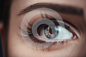 Close up of beautiful womans eye with long eyelashes. Selective focus. Close up detail beautiful female eye macro fashion, AI