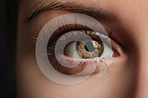 Close up of beautiful womans eye with long eyelashes, studio shot, Close up detail beautiful female eye macro fashion, AI