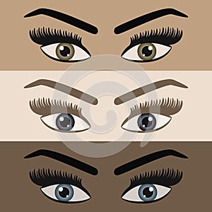 Close up of beautiful women looking pair of eyes with long lashes icons set