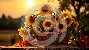Close-up of beautiful yellow sunflowers in a wooden wicker basket with a blurred background. Image for the calendar