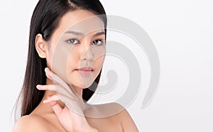 Close up Beautiful Young asian Woman with Clean Fresh Skin, on white background, Face care, Facial treatment, Cosmetology, beauty