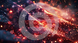 A close-up of a beautifully illuminated American flag at night, with fireworks bursting in the background. The image