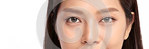 close up of beauty asian woman eye on white background