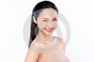 Close up Beauty face. Smiling asian woman touching healthy skin portrait. Beautiful happy girl model with fresh glowing hydrated