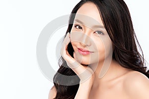 Close up Beauty face. Smiling asian woman touching healthy skin portrait. Beautiful happy girl model with fresh glowing hydrated