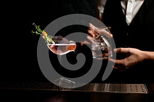 Close-up. Beauty glass vessel in shape of bird with drink and decorated with plants stands on bar.