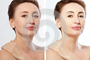 Close up before after Beauty middle age woman face portrait. Spa and anti aging concept Isolated on white background. Plastic
