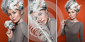 Close up beauty portrait in barocco style. Collage of three photos. Fashion bright pink studio background. Fashion photo