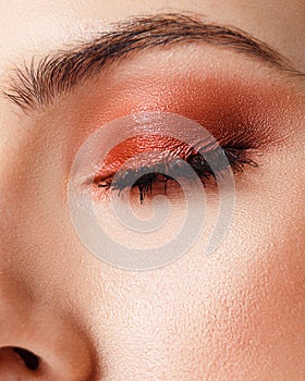 Close-up beauty portrait of young woman with beautiful bright makeup. Modern smokey eyes with colorful eyeshadows