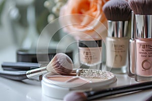 Close-up of beauty products and a fresh rose on the dressing table. Eyeshadow palette, makeup brushes, nail polish