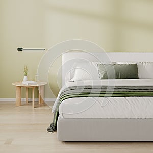 Close up of bedroom interior with bed and bedside table with decor, light green wall, 3d