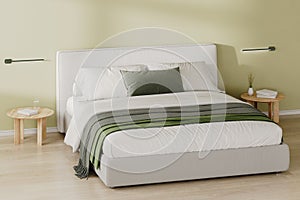 Close up of bedroom interior with bed and bedside table with decor, light green wall, 3d