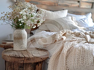 Close up of bedside cabinet near bed with beige bedding.