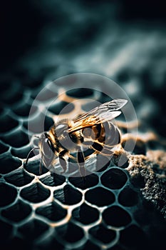 Close up of bee on black honeycomb created using generative ai technology