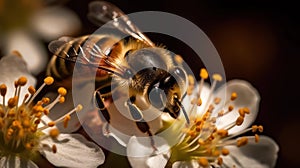 A close up of a bee collecting pollen from a flower created with Generative AI