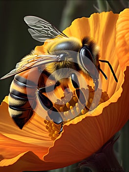 Close-up of a bee on a flower collecting pollen and honey Generative AI