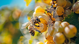 Close-up of a bee on fruit berries, symbolizing the impact of pesticides on nature photo