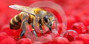Close-up of a bee gathering nectar from ripe raspberries