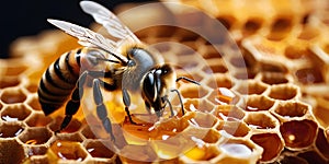 a close up of a bee on a honeycomb
