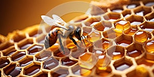 a close up of a bee on a honeycomb