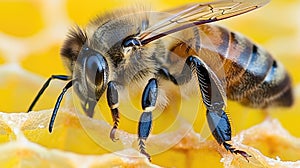 Close-up of a bee on honeycomb.