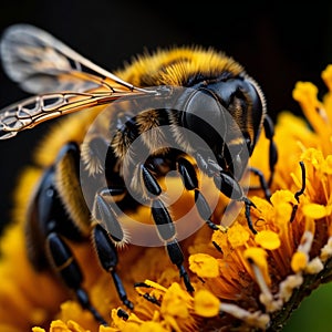 Close up of a bee pollinating a yellow dandelion flower. generative ai