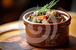 close-up of beef bourguignon in a rustic clay pot