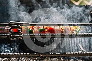 Close up beef or pork meat barbecue on bbq fire flame grill