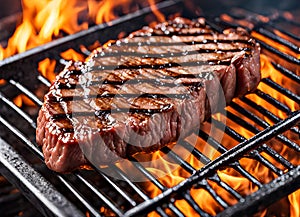 Close-up of beef steak on the grill. Beef steak on the grill with flames of fire