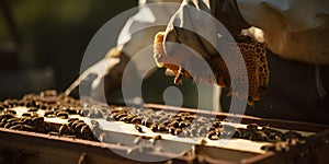 close-up of a beekeeper inspecting a beehive one generative AI