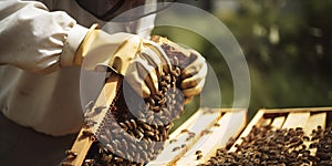 close-up of a beekeeper inspecting a beehive two generative AI