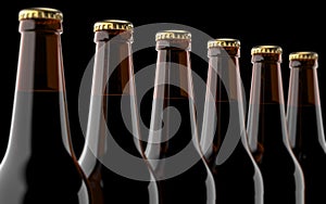 Close up beer bottles. 3D render, studio light, on black background.