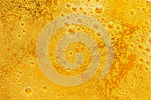 Close up of beer bubbles and foam as a background. Droplets on freshly poured beer texture