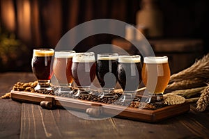 close-up of beer flight on rustic wooden table