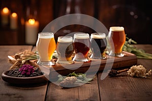 close-up of beer flight with various brews on rustic table