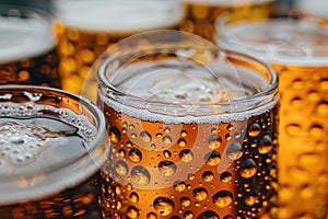 Close up of beer glass with frothy foam and water droplets, stock photography shot