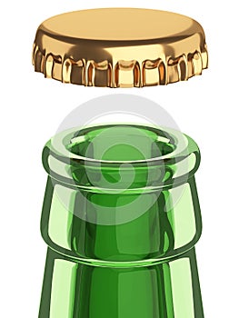 Close-up of a beer green bottle neck with an open cap for concept design