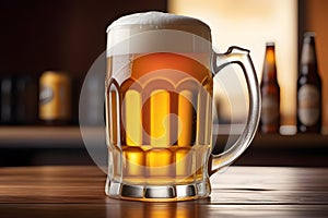 Close-up of beer mug on bar counter with various bottles in background