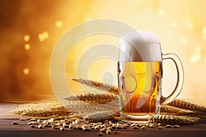 Close up of beer in a mug with foam and wheat ingredients on wooden table with blurred sparkling light background and copy space