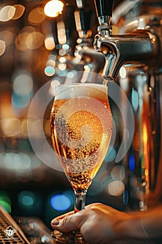 Close-Up of Beer Pouring into Glass at Bar