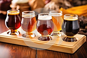 close-up of beer sampler glasses on wooden tray