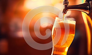 Close up of beer tap pouring a draught lager beer