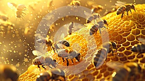 Close-up of bees on honeycomb, dripping with fresh honey. Detailed view of a bee colony and their honey production