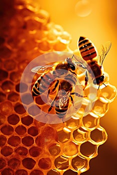 Close up of bees on honeycomb on yellow background created using generative ai technology