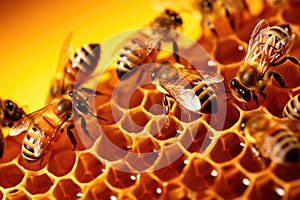 close-up of bees sealing honey-filled cells with wax