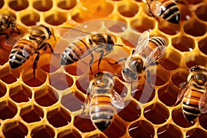 close-up of bees sealing honey-filled cells with wax