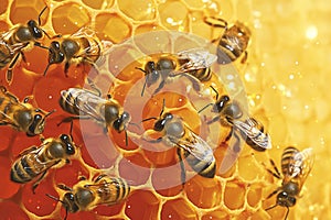 Close up of bees working on honeycombs, diligent and focused